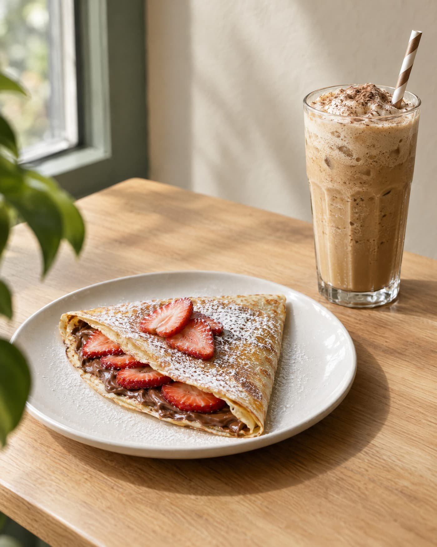 Crepa y frappé en la mesa junto a la ventana